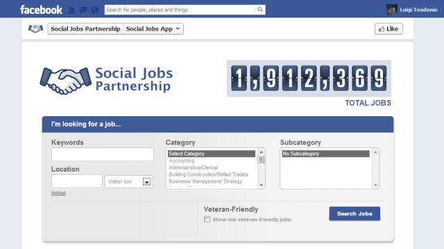 La maschera di ricerca di Facebook Social Jobs