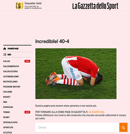 Errore 404 Gazzetta dello Sport