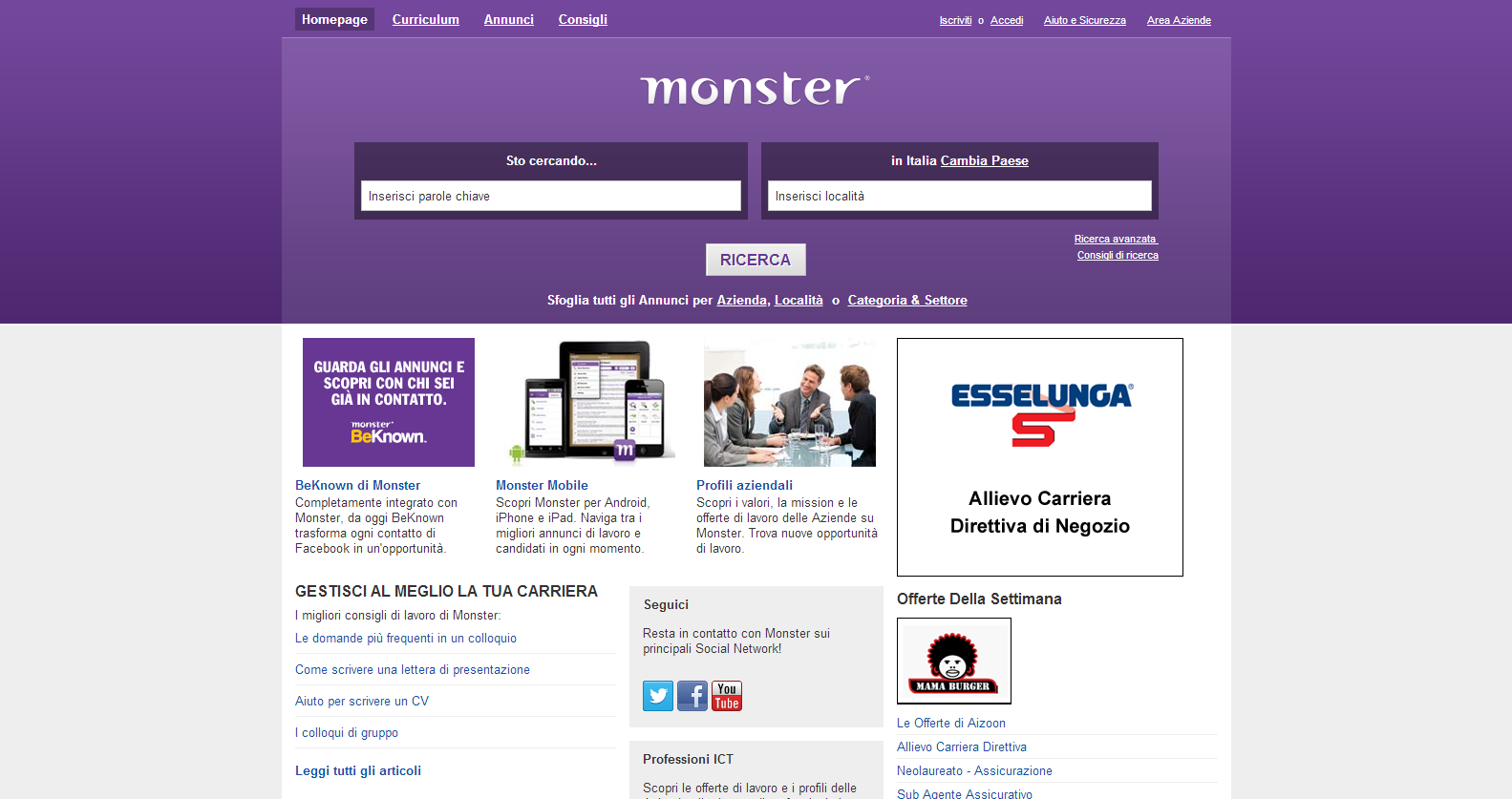 Schermata principale del portale monster.com