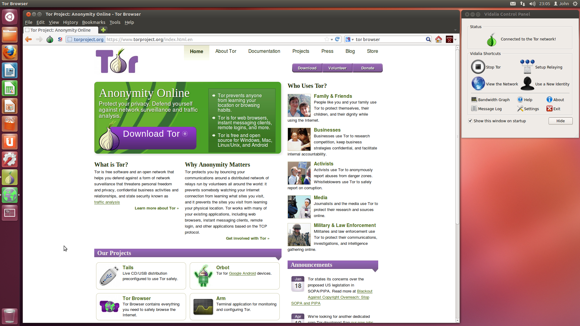 Interfaccia del browser TOR su Ubuntu Linux