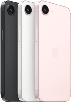Un iPhone 17e nero in orizzontale mostrato da dietro, un iPhone 17e bianco in orizzontale mostrato da dietro, un iPhone 17e rosa chiaro in orizzontale mostrato da dietro, fotocamera Fusion nella parte superiore, tasto laterale