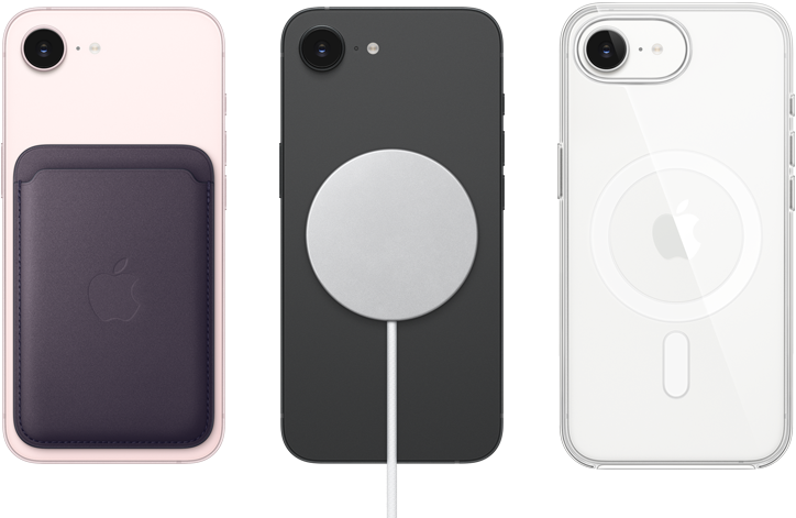 Un iPhone 17e rosa chiaro mostrato da dietro con portafoglio MagSafe in tessuto FineWoven agganciato, iPhone 17e nero mostrato da dietro con alimentatore MagSafe agganciato, iPhone 17e bianco mostrato da dietro con custodia MagSafe trasparente agganciata