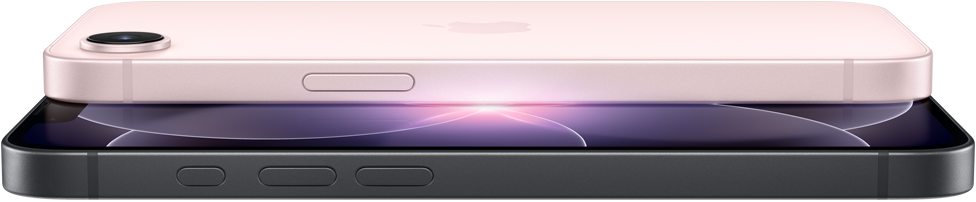 iPhone 17e rosa chiaro, in orizzontale, mostrato da dietro; iPhone 17e nero, in orizzontale, mostrato di fronte