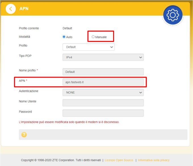 Inserimento APN manuale
