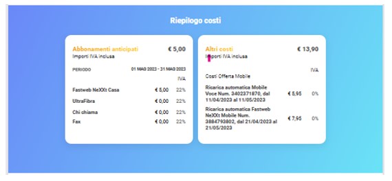 Schermata fattura riepilogo costi