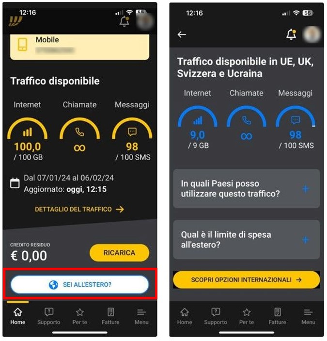 Schermata consumi estero da app