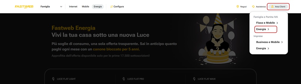 Schermata accesso Fastweb Energia