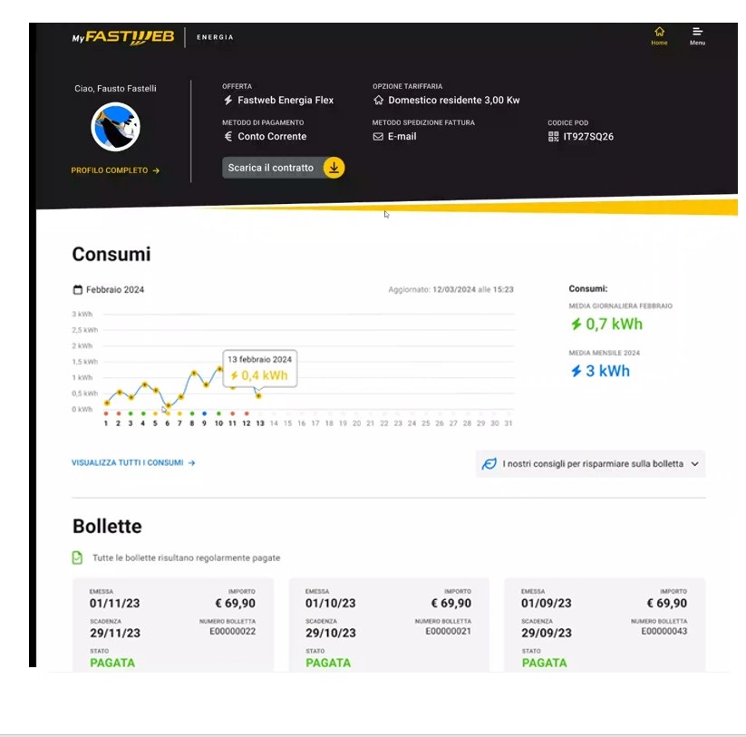 Schermata consumi bollette fastweb energia
