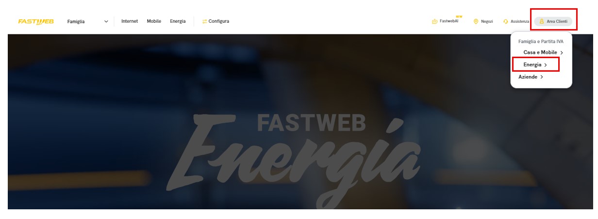 Schermata accesso Fastweb Energia