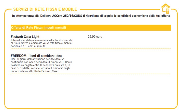 Schermata servizi rete fissa e mobile