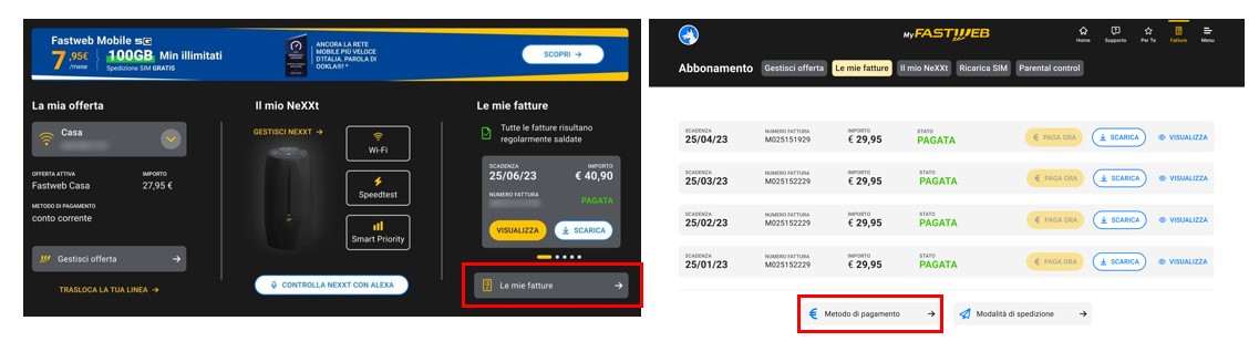 Schermata pago fattura