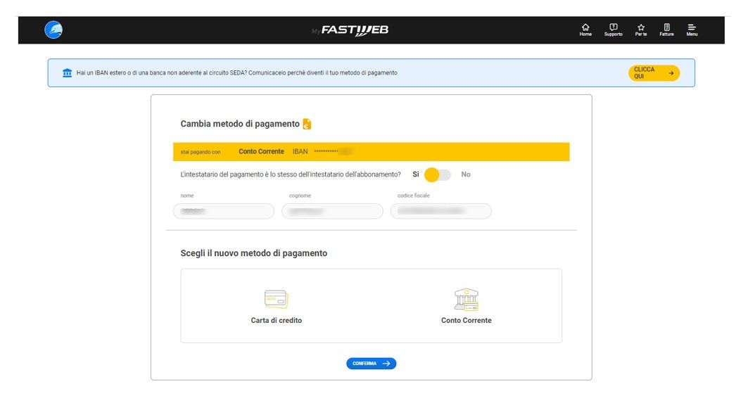 Schermata cambio metodo di pagamento