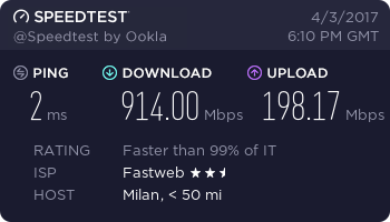 Speedtest velocità UltraFibra su Fibra Ottica GPON Fastweb: ben 914Mb/s in download e 198Mb/s in upload!