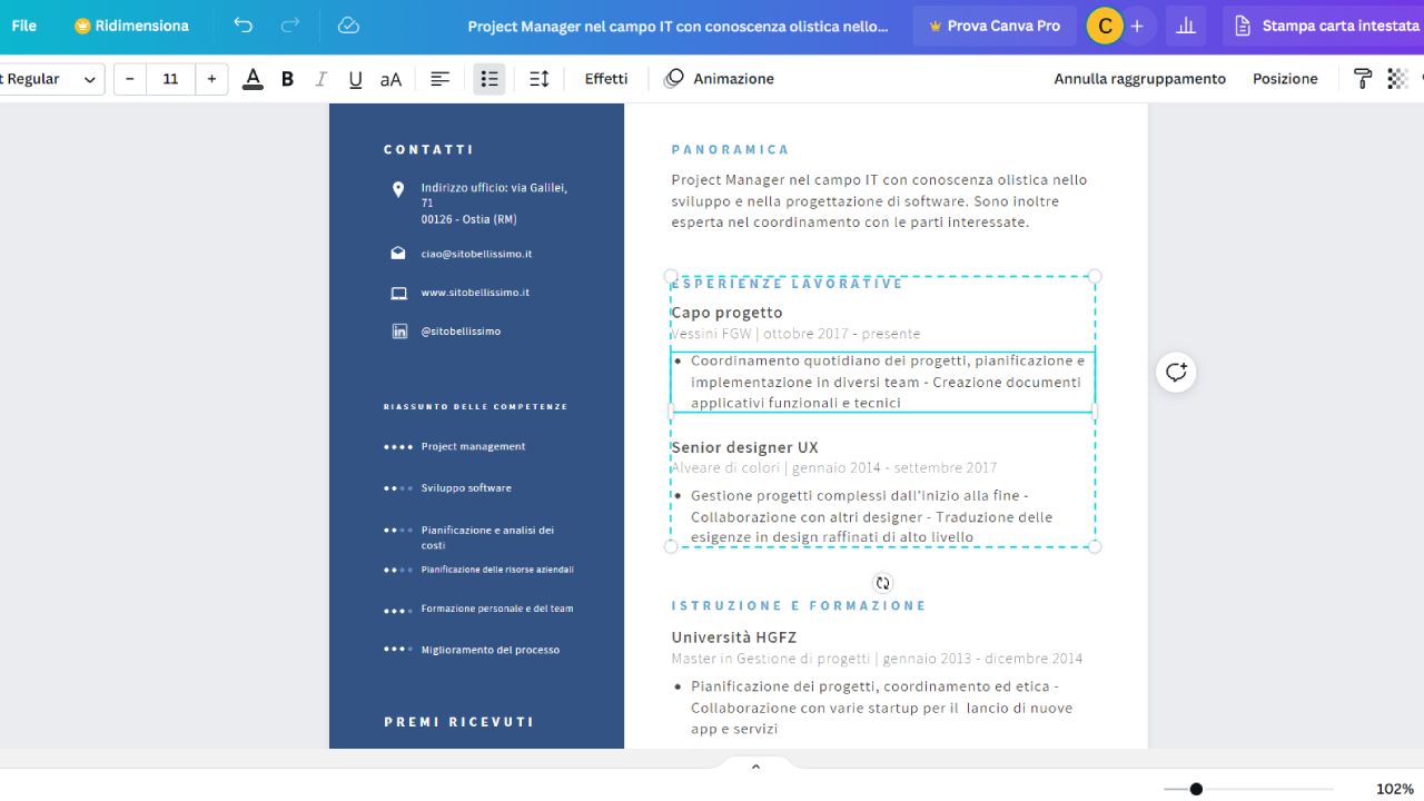 Personalizza il curriculum con l'editor Canva mediante trascinamento Personalizza il curriculum con l'editor Canva mediante trascinamento
