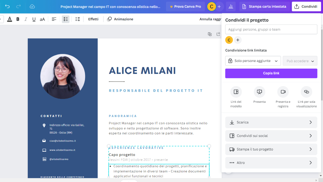 Condividi e scarica il tuo progetto con un solo clic