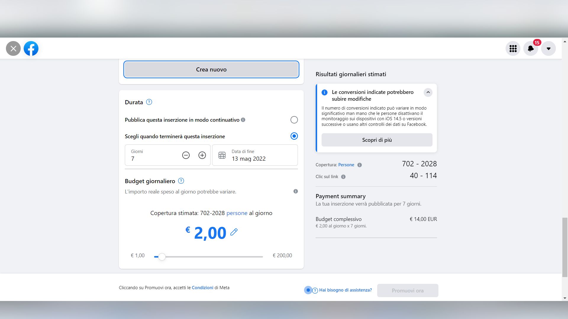 Definire il budget da investire nella campagna Facebook-Meta