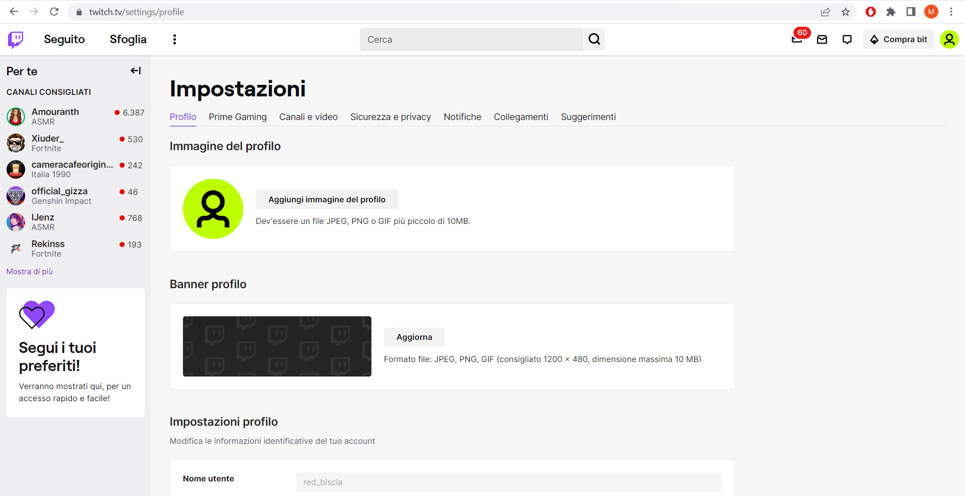Personalizzare canale Twitch