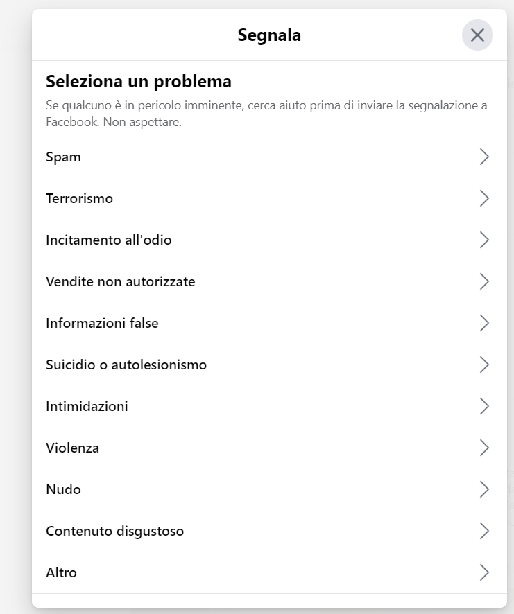 Segnalazione post su Facebook