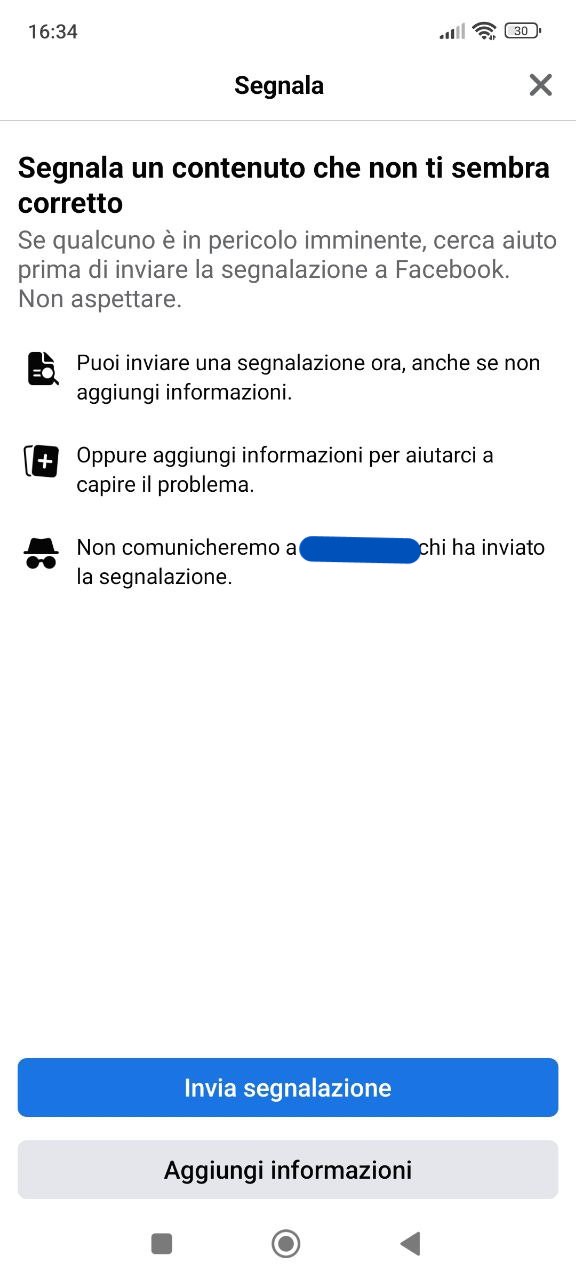 Segnalazione facebook da mobile