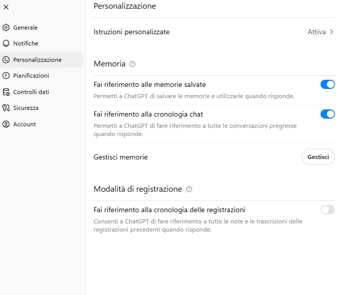 Gestione delle memorie chatgpt