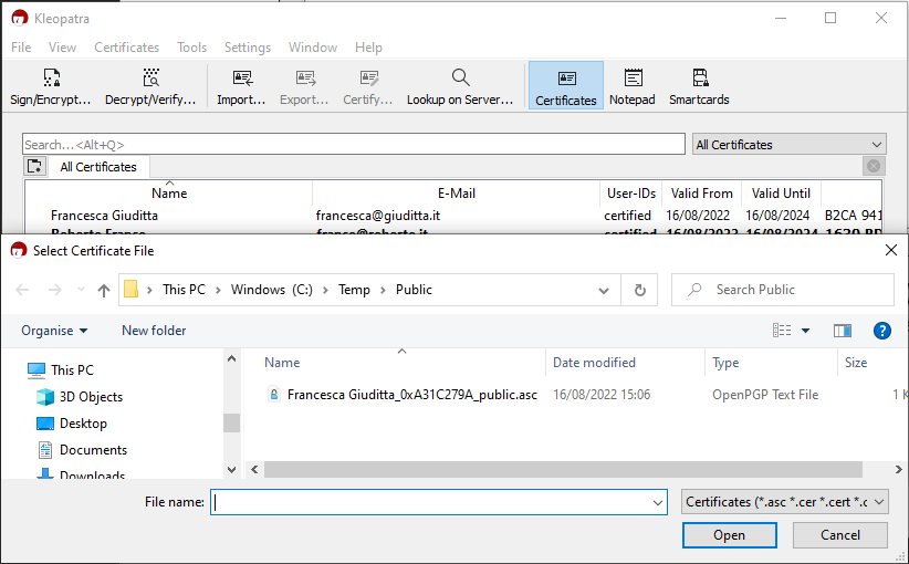 Importare certificato Importare certificato