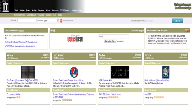 La homeapge di Internet Archive