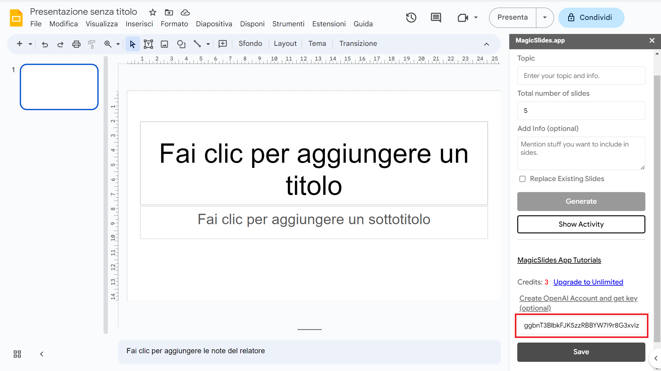 Inserire la chiave API su GPT for Slides