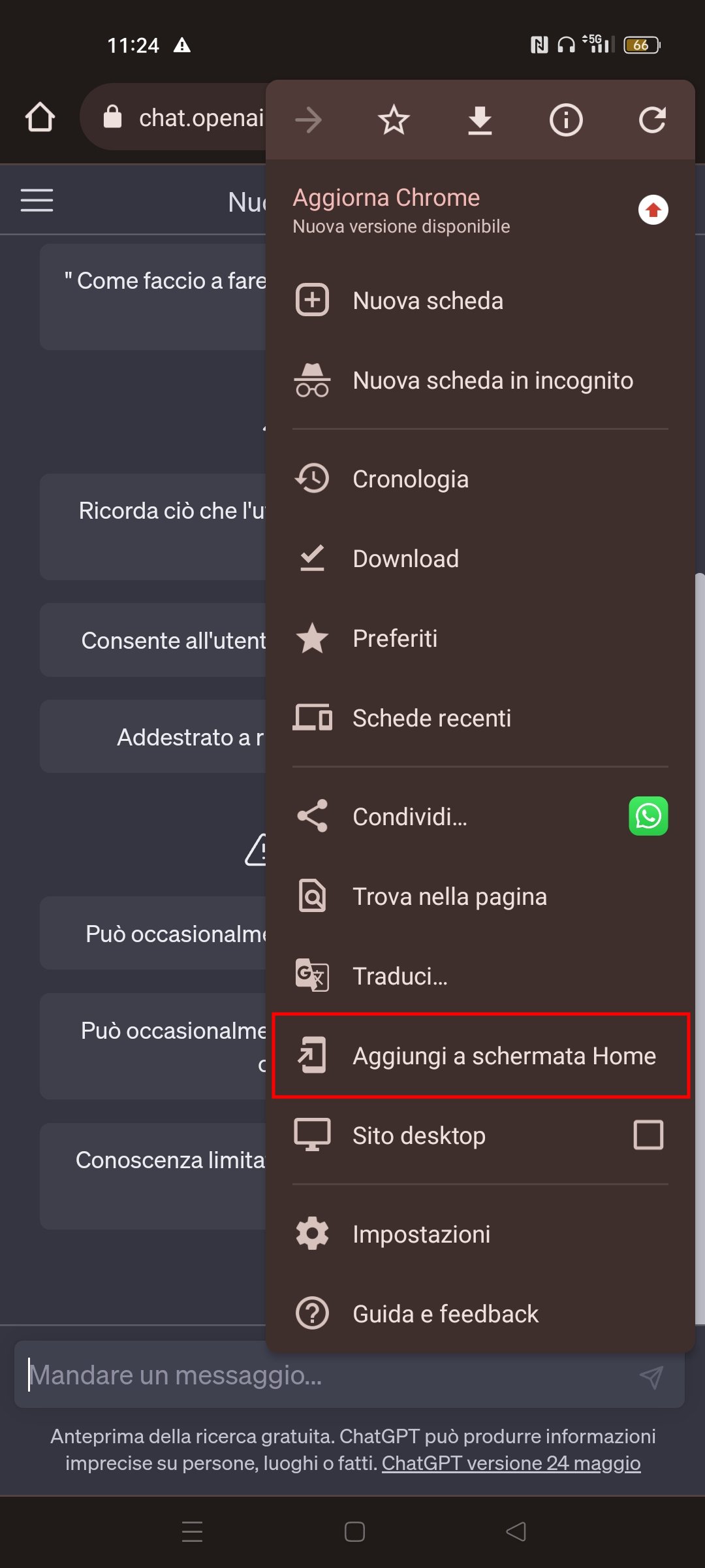Comando: aggiungi a schermata home, su Android