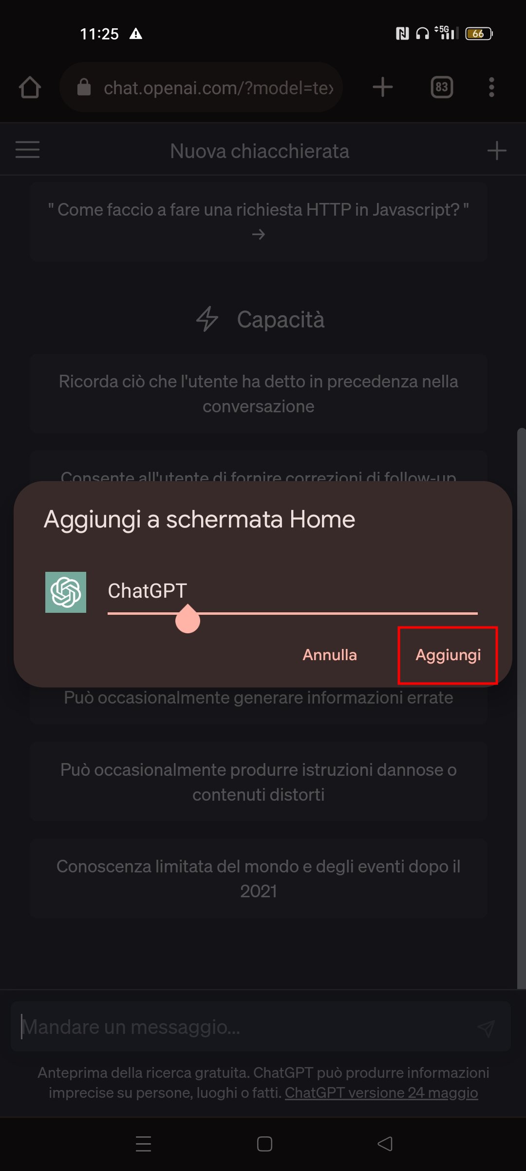 Schermata chat gpt su android