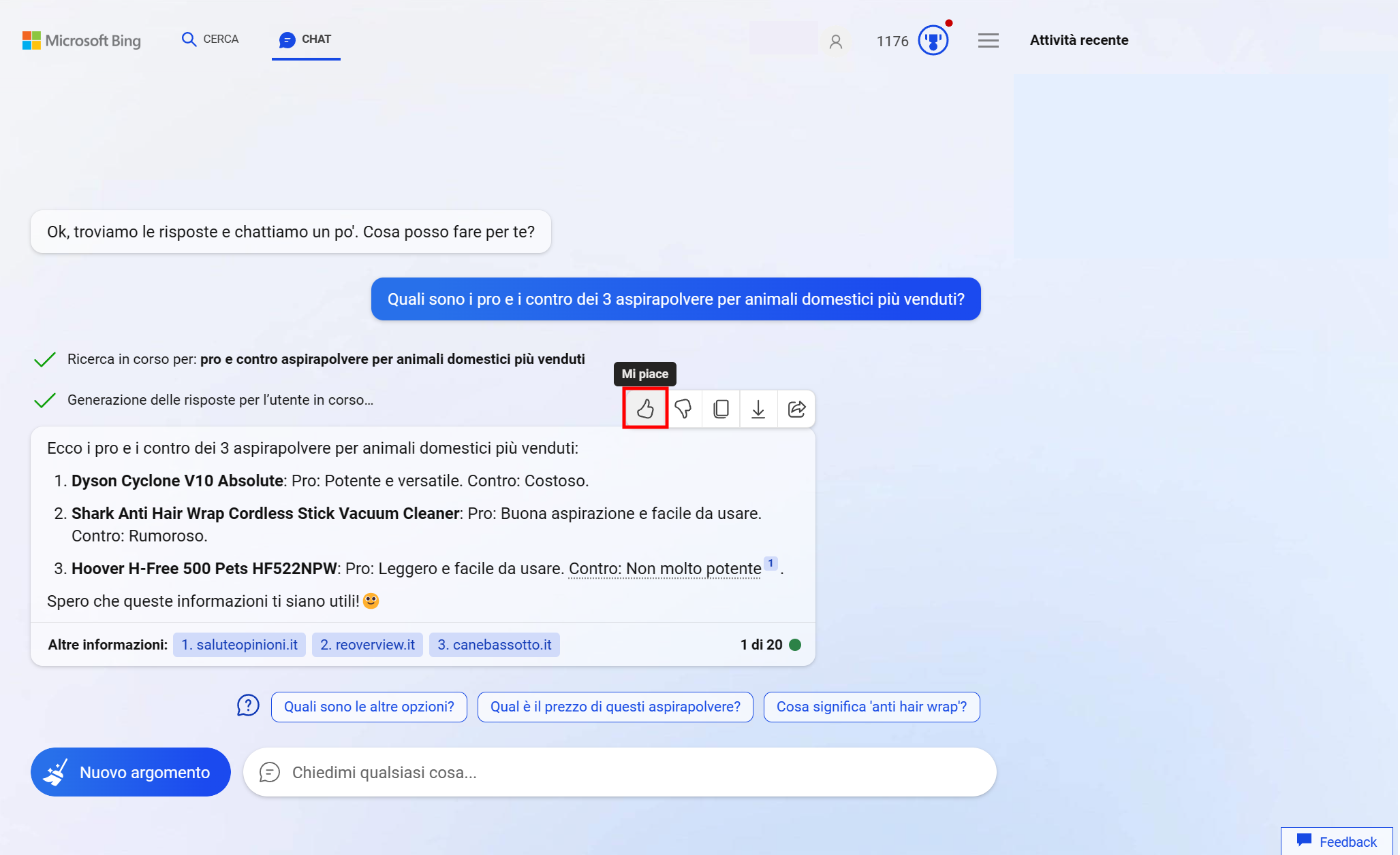 Clic su mi piace in chat microsoft bing