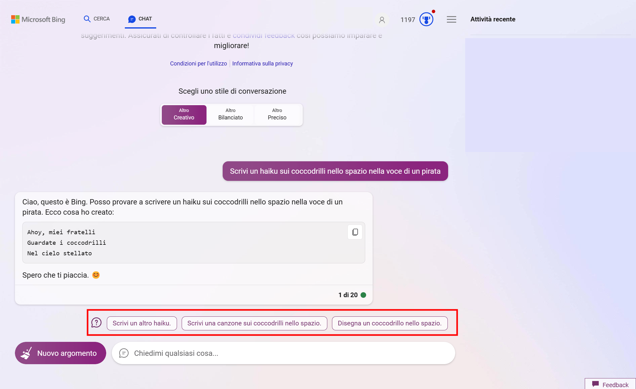 Suggerimenti in chat microsoft bing