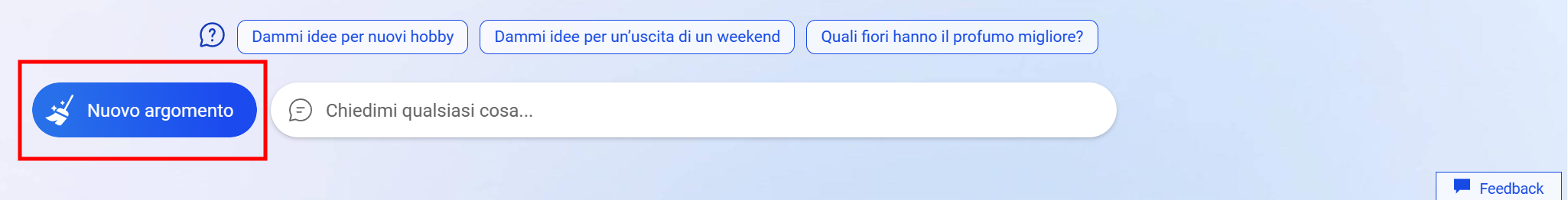 Box nuovo argomento in chat microsoft bing