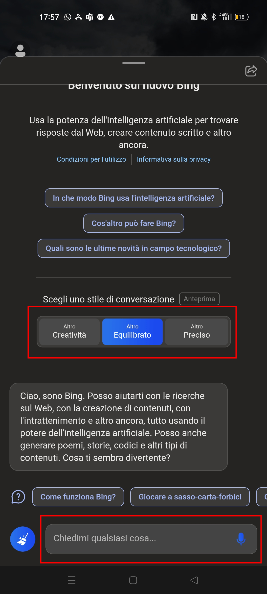 Chat con Microsoft Bing su smartphone