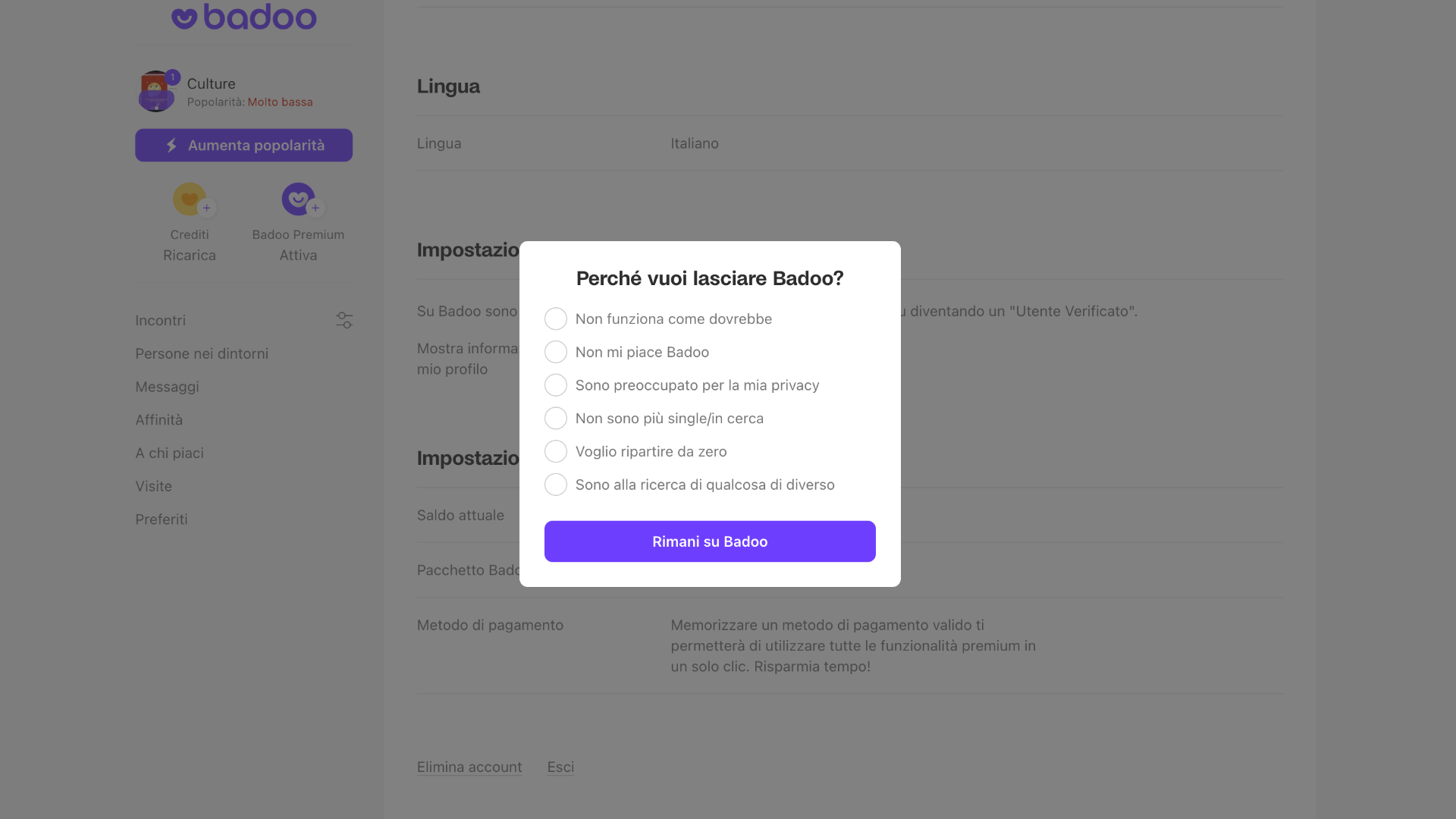Badoo eliminare il profilo