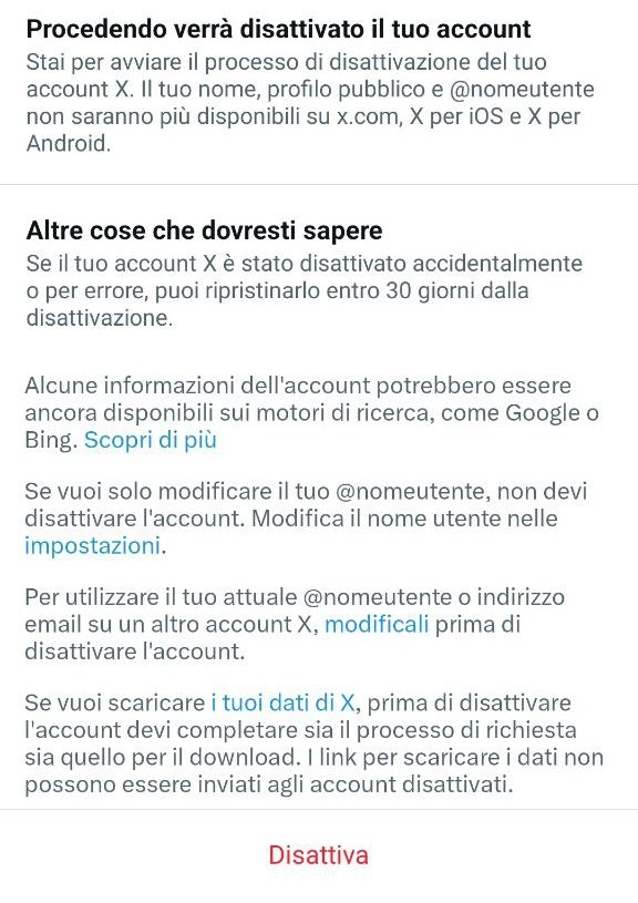 Account X twitter disattivazione Account X twitter disattivazione
