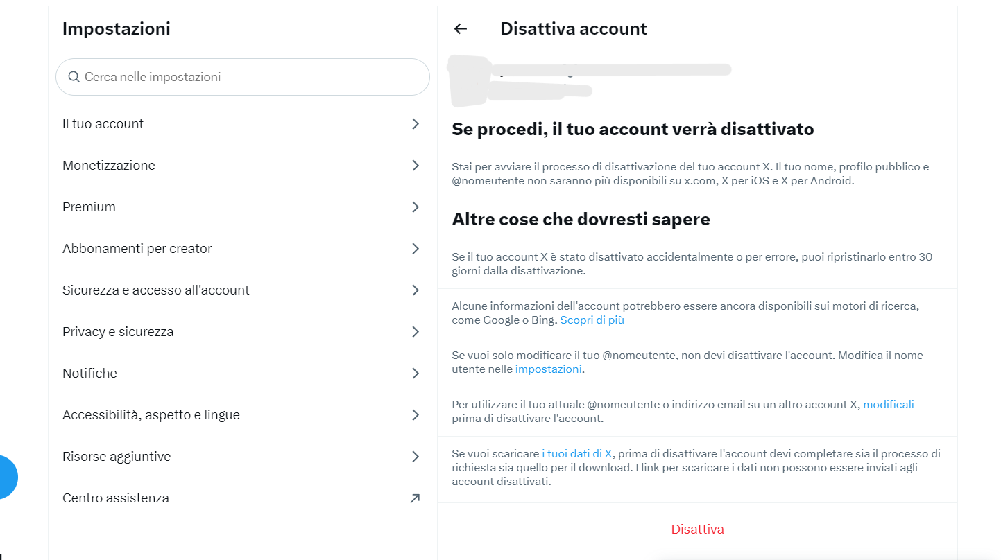 Disattivazione account X Twitter da desktop 