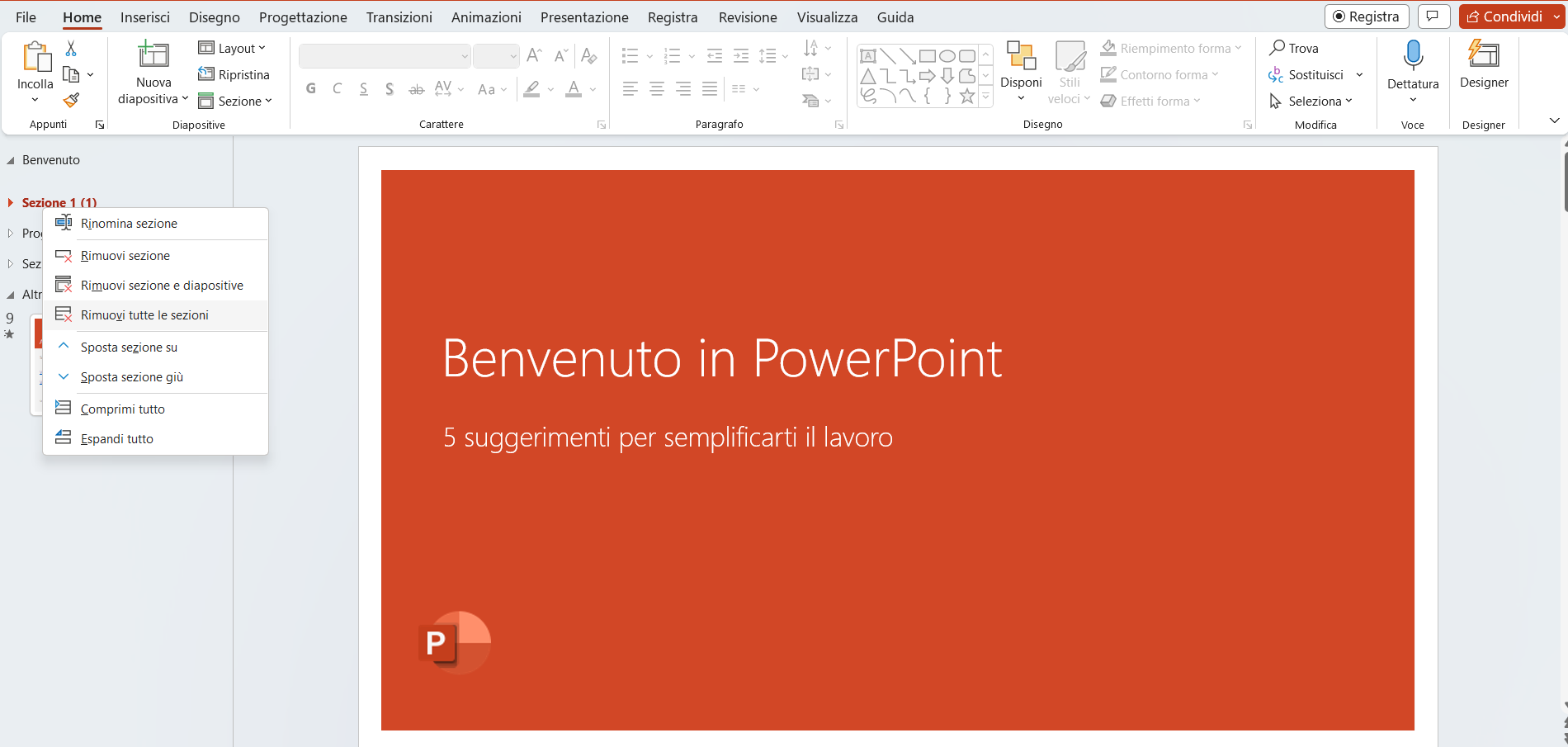 Sezione PowerPoint come spostare