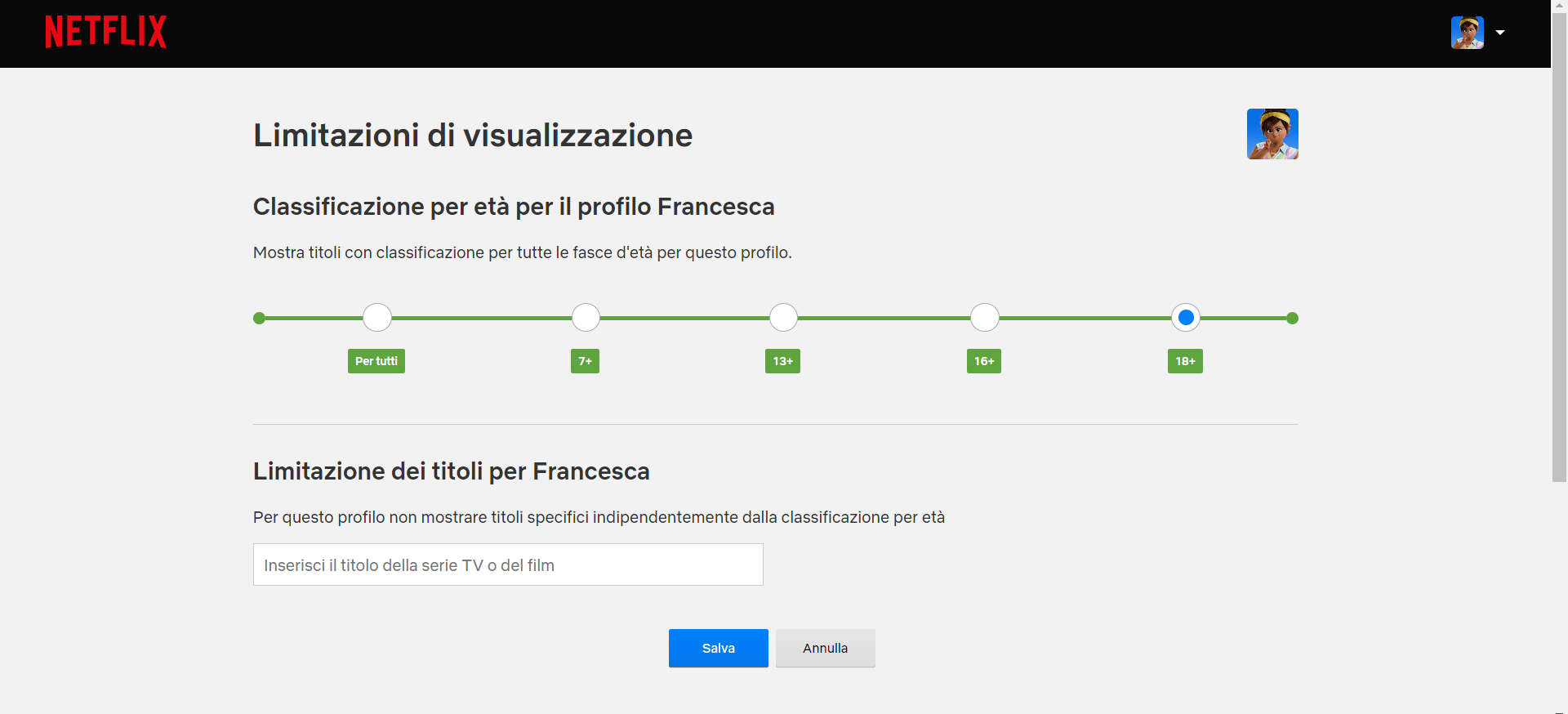 Impostare la limitazione per età 