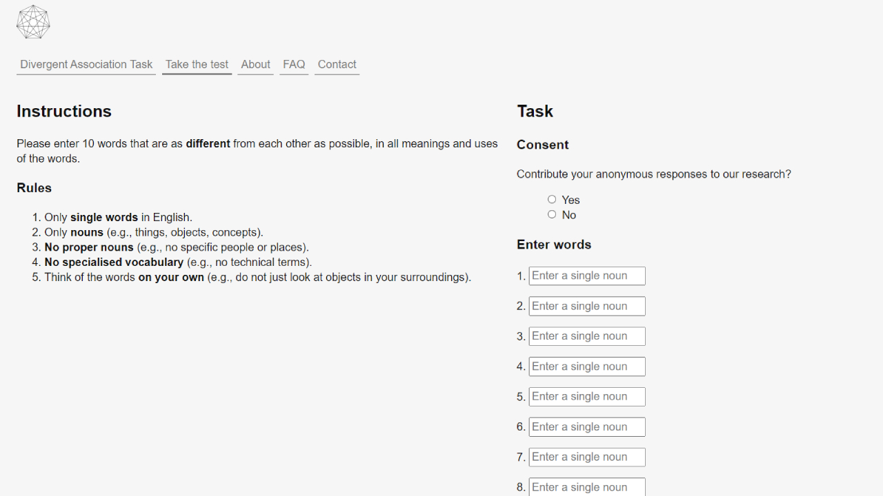 Divergent Association Task o DAT  Divergent Association Task o DAT