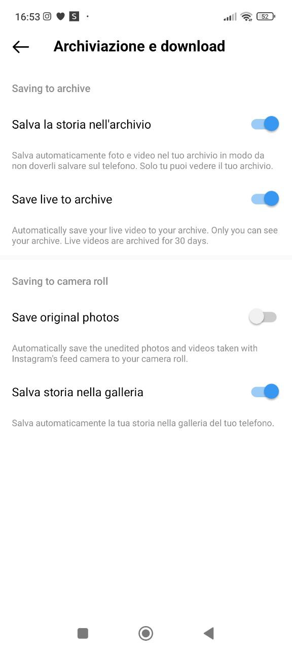 Impostazioni archiviazione di Instagram