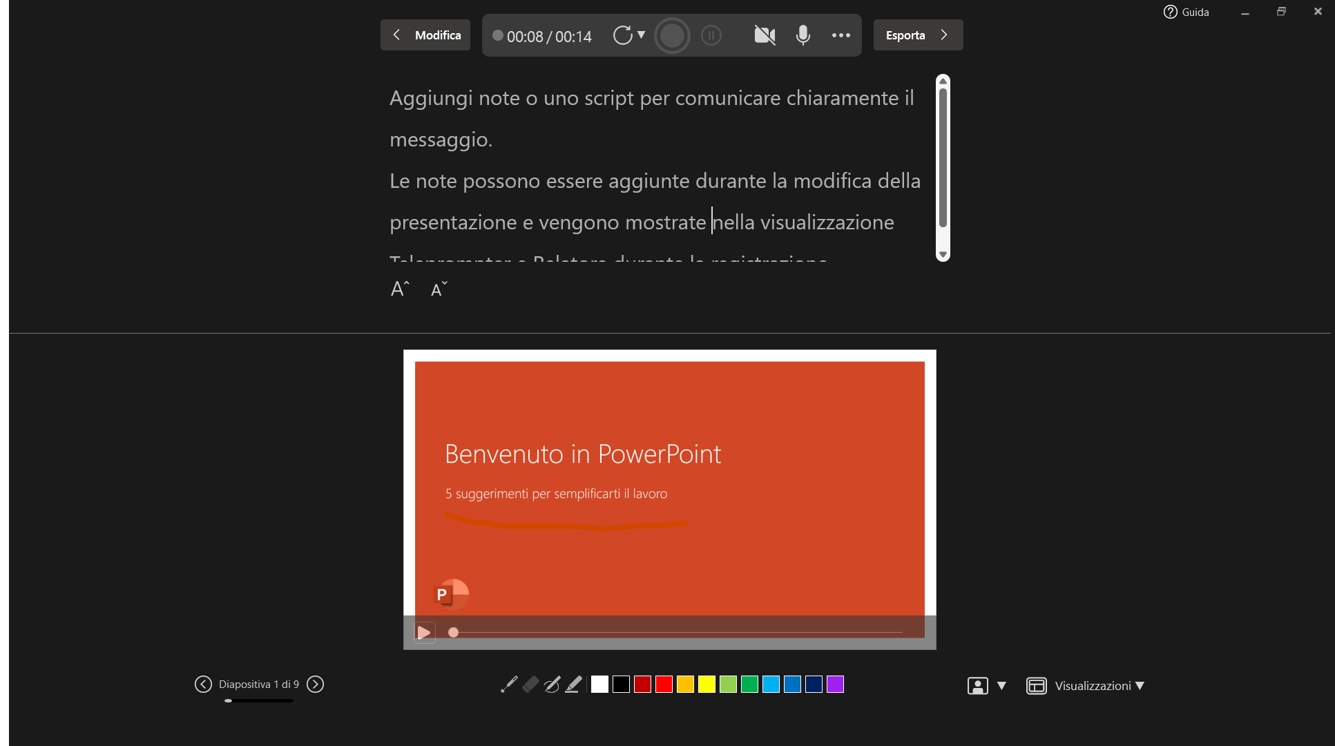 Come avviare la presentazione in automatico e come registrare la