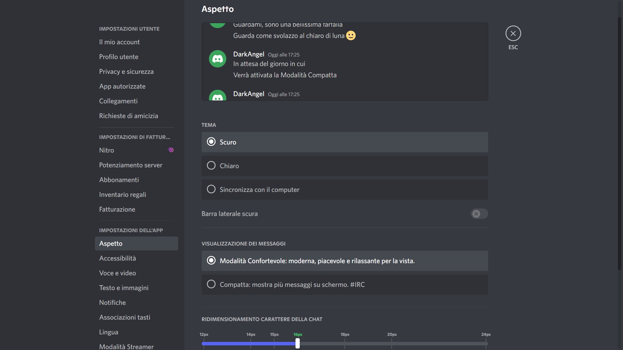 Impostazioni interfaccia discord