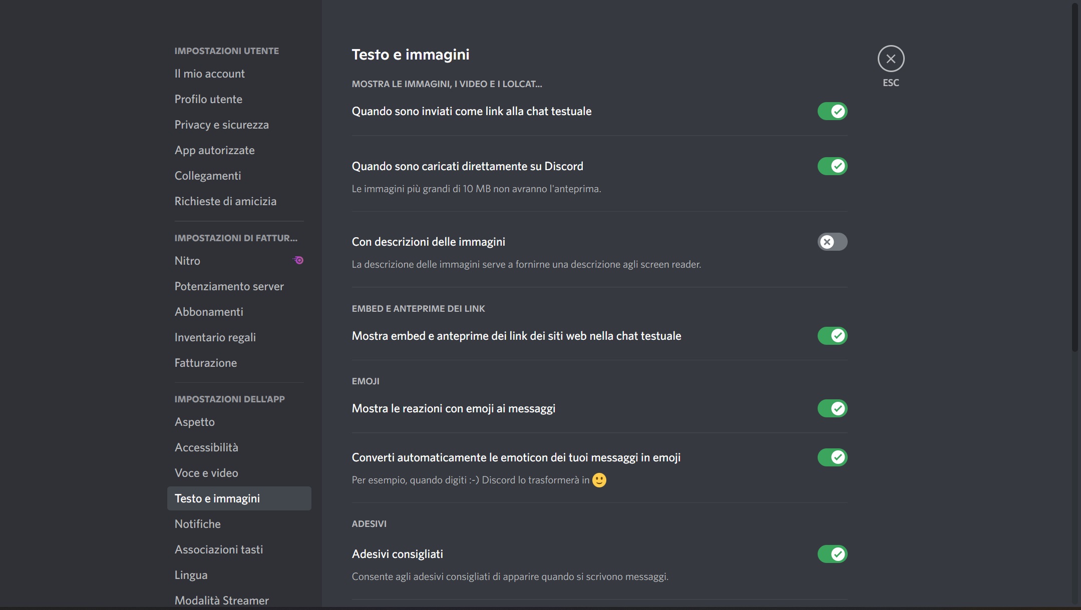 Impostazioni testo e immagine dicord Impostazioni testo e immagine dicord