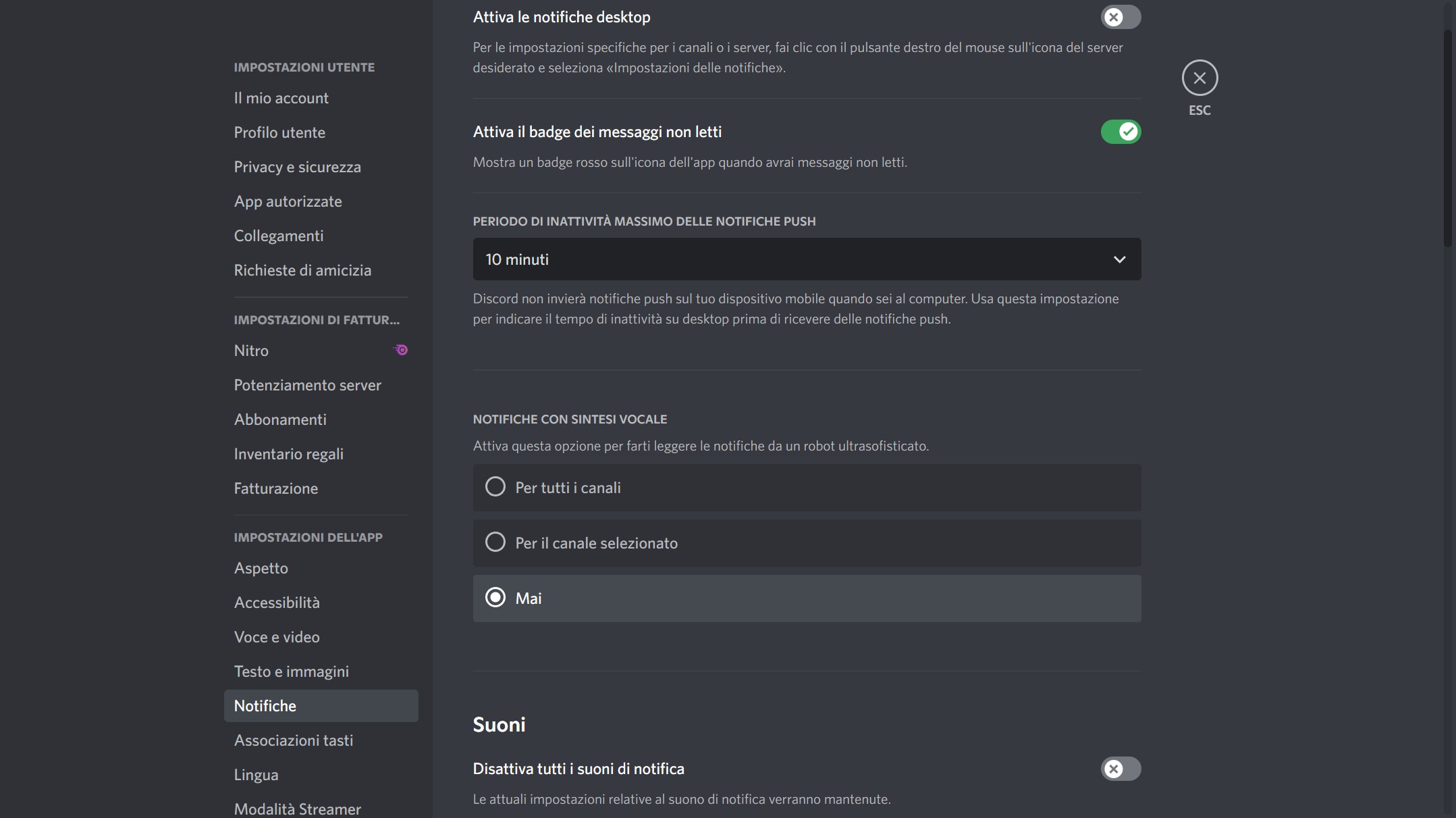 Discord, impostazioni di notifiche