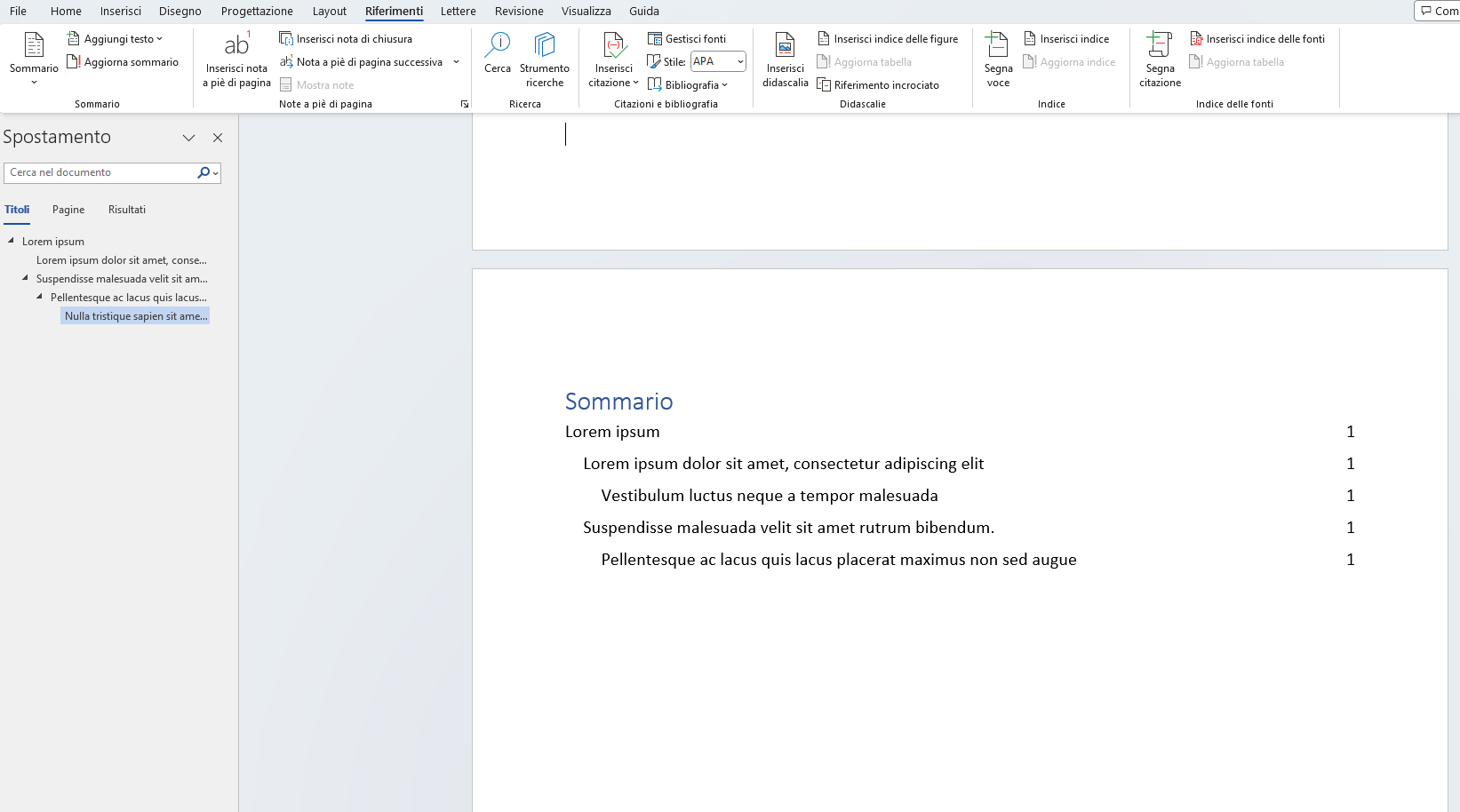 Sommario di Word