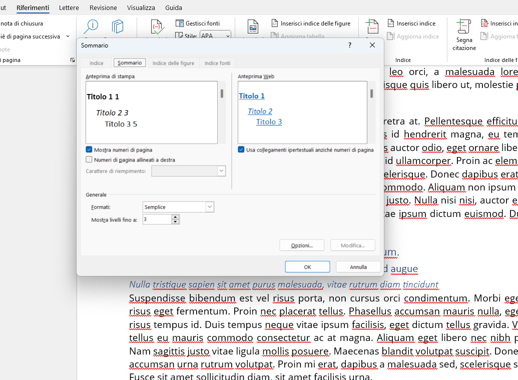 Sommario word personalizzato inserire