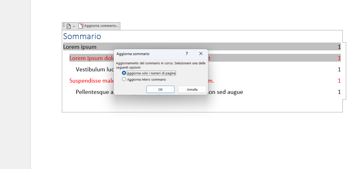 Aggiornare sommario Word Aggiornare sommario Word