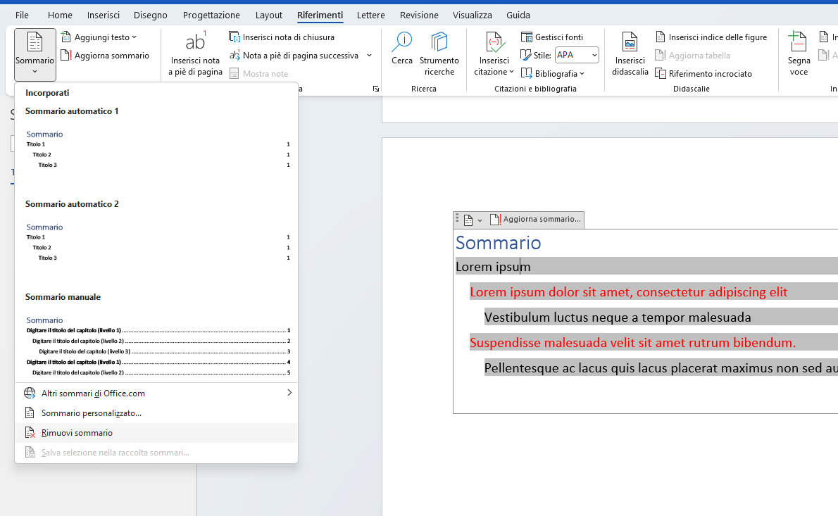 Rimuovi sommario word