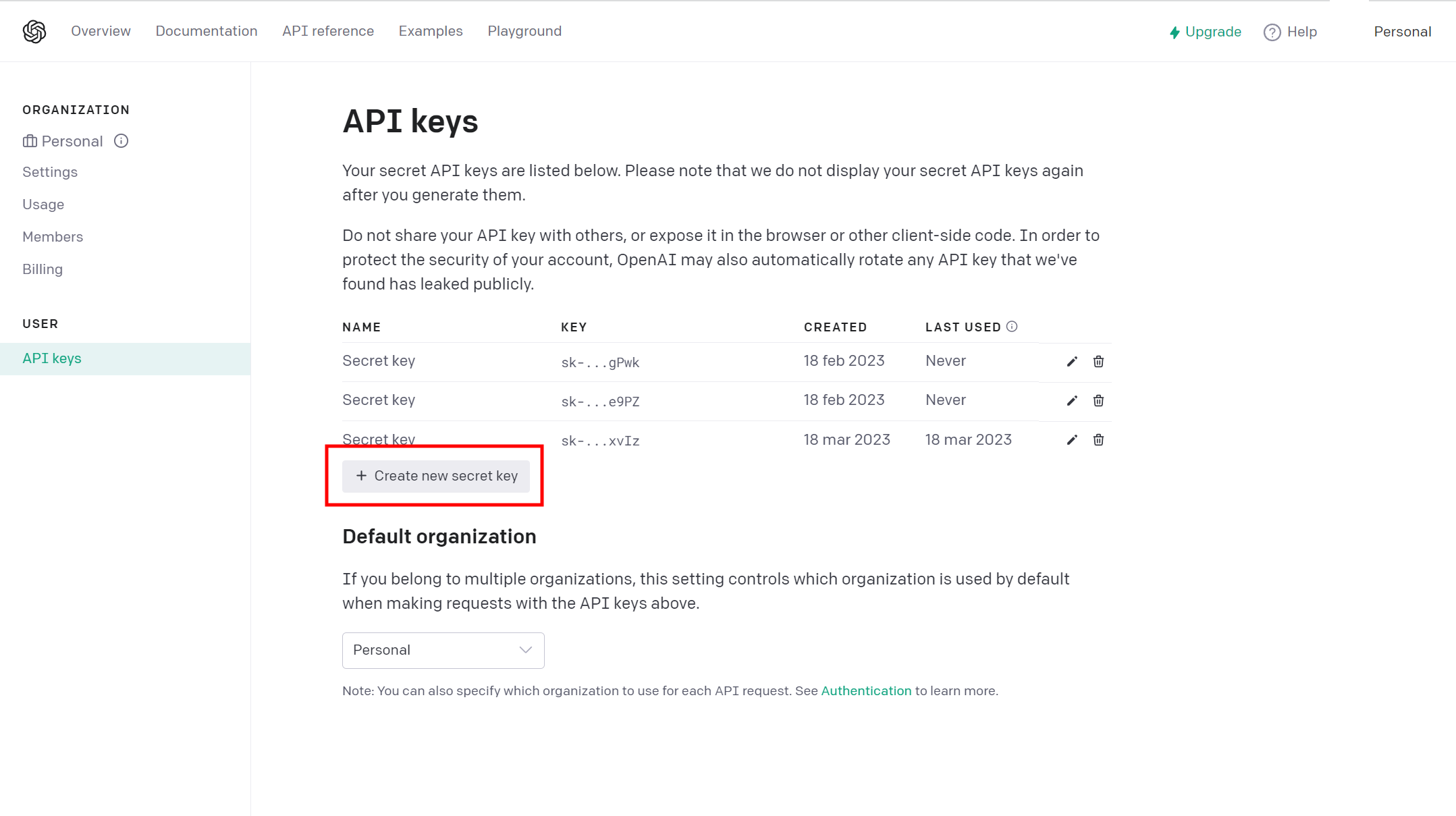 Schermata API Keys del sito OpenAI