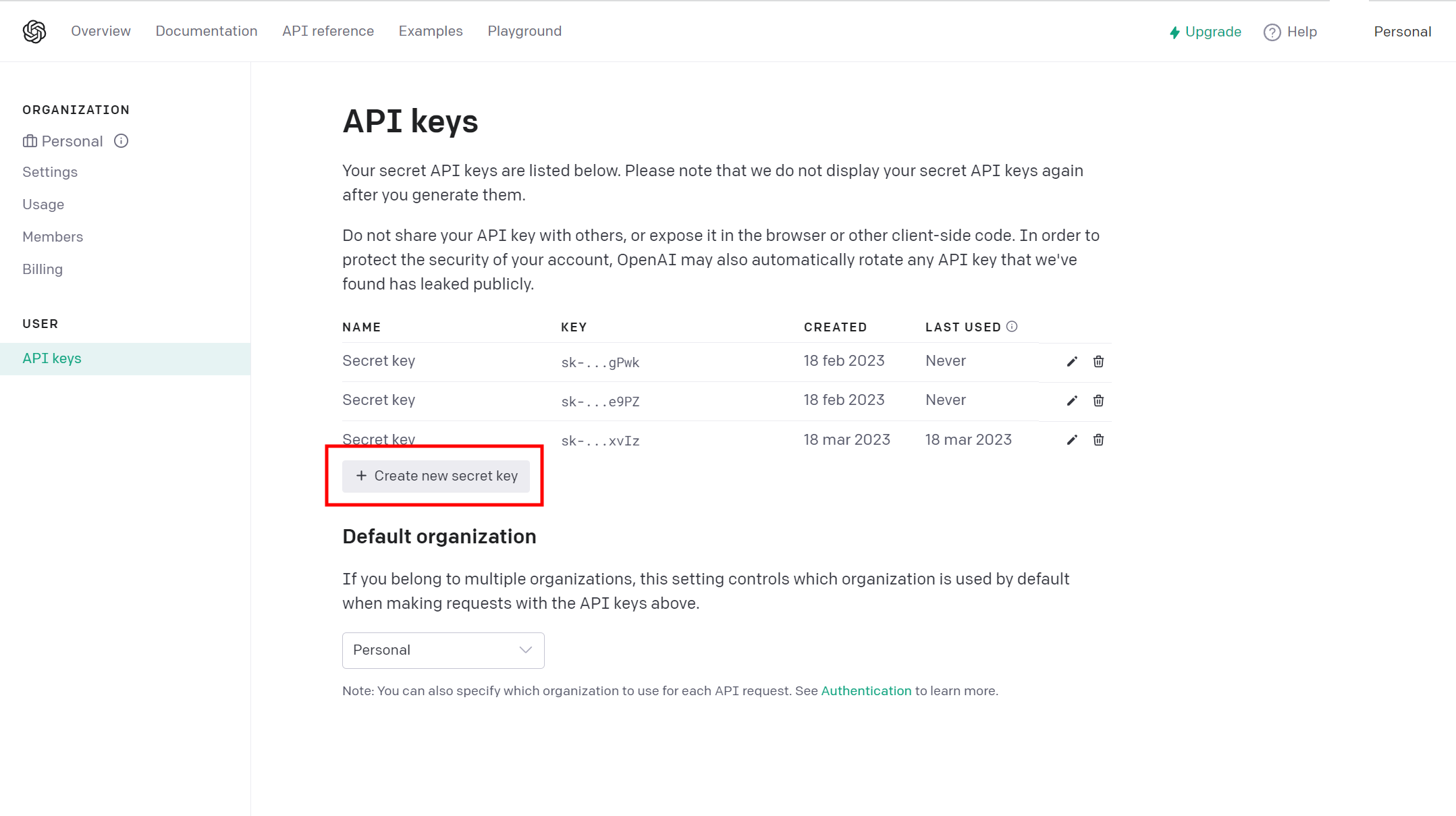 Schermata API Keys del sito OpenAI Schermata API Keys del sito OpenAI